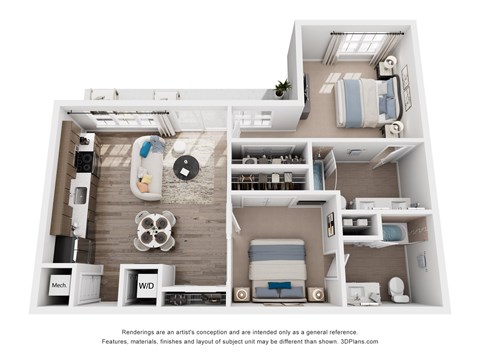 Floor plan for 2 beds, 2 baths, 905 sqft